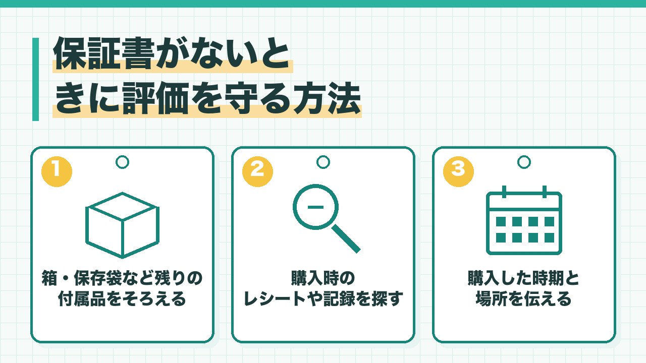 保証書がないときに評価を守る方法を、箱や保存袋など残りの付属品をそろえる・購入時のレシートや記録を探す・購入時期と場所を伝えるの3つに分けて図解したインフォグラフィックです。
