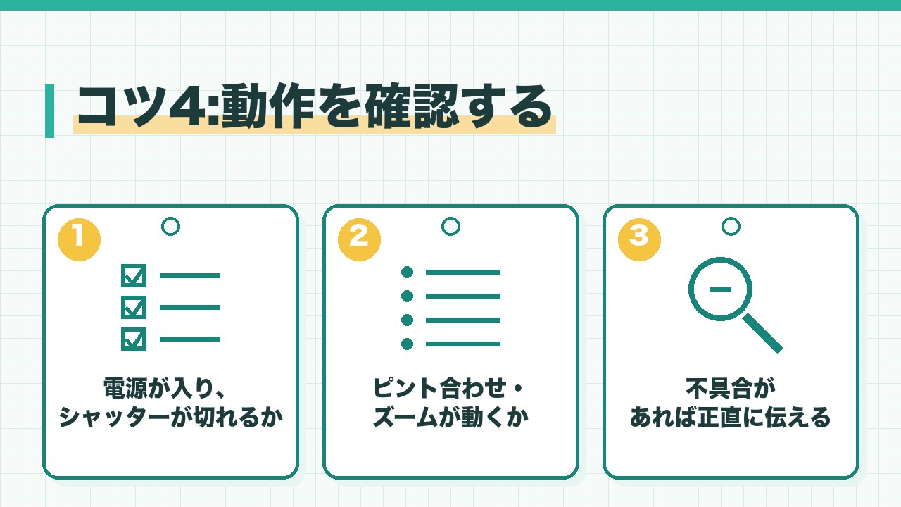 カメラの動作を確認するコツを、電源が入りシャッターが切れるか・オートフォーカスとズームが動くか・不具合があれば正直に伝えるの3つに分けて図解したインフォグラフィックです。