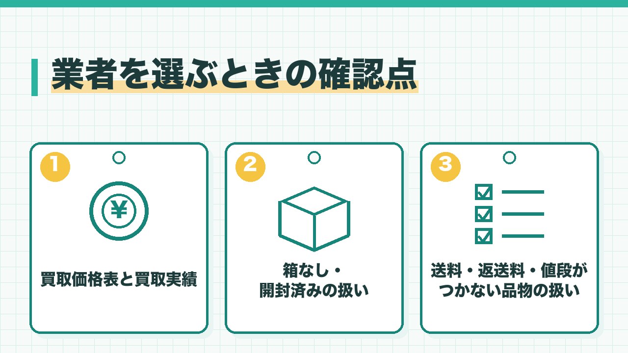 フィギュアの買取業者を選ぶときの確認点を、買取価格表と買取実績・箱なしや開封済みの扱い・送料と返送料と値段がつかない品物の扱いの3つに分けて図解したインフォグラフィックです。