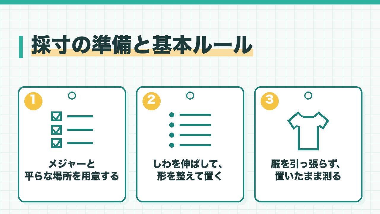 服の採寸の準備と基本を、メジャーと平らな場所を用意・しわを伸ばして置く・引っ張らずに測るの3つに分けて図解したインフォグラフィックです。