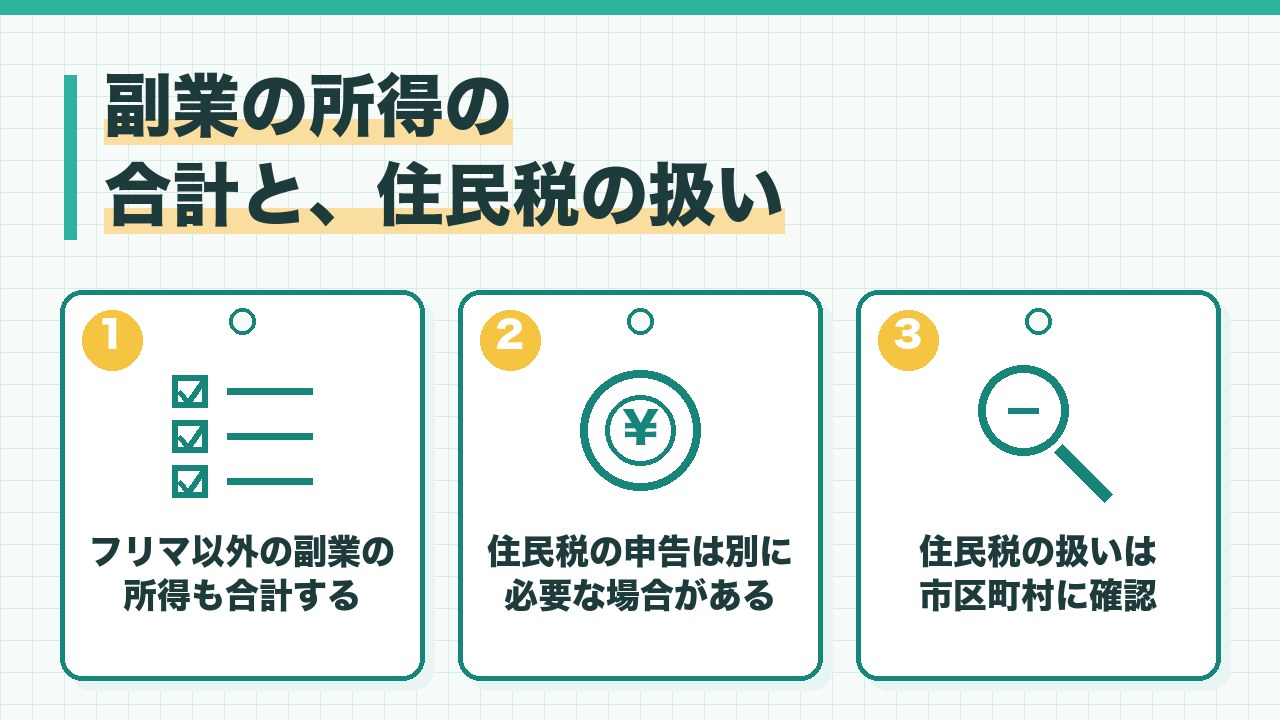 副業の所得の合計と住民税の扱いを、フリマ以外の副業の所得も合計する・住民税の申告は別に必要な場合がある・市区町村に確認するの3つに分けて図解したインフォグラフィックです。