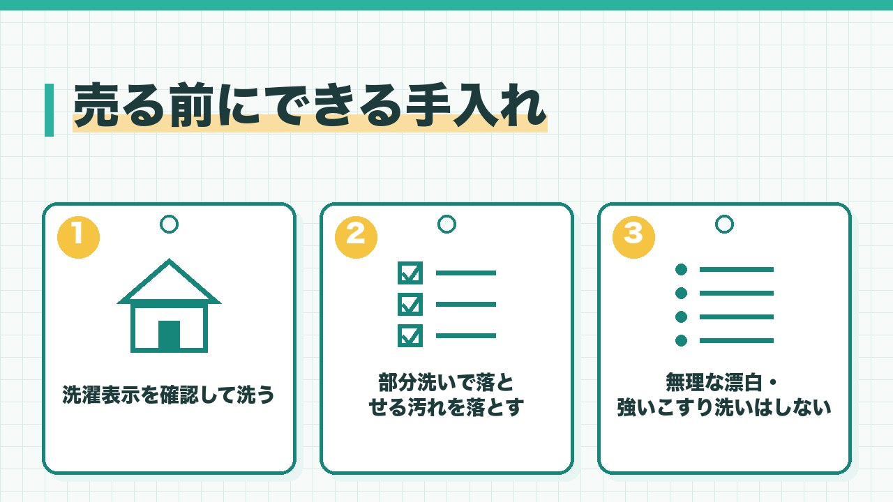 汚れのある古着を売る前にできる手入れを、洗濯表示を確認して洗う・部分洗いで落とせる汚れを落とす・無理な漂白はしないの3つに分けて図解したインフォグラフィックです。