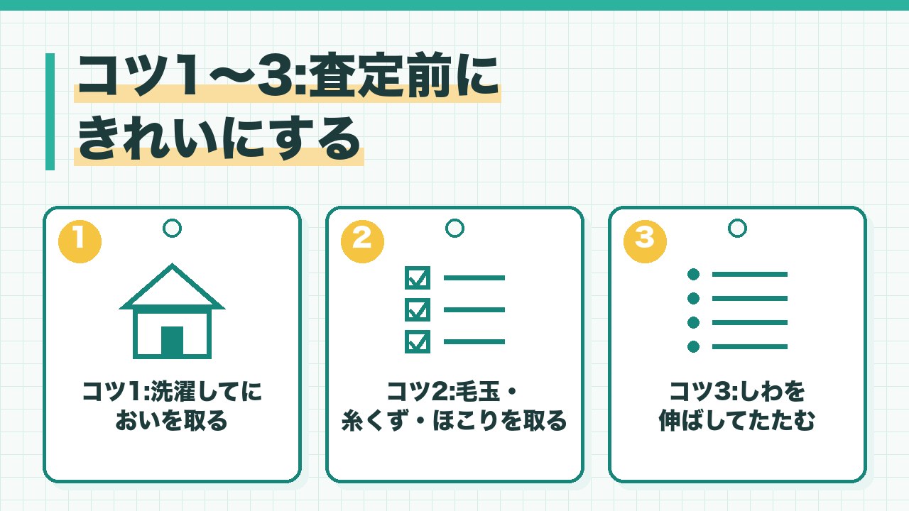 古着を高く売るための査定前の準備を、洗濯してにおいを取る・毛玉と糸くずを取る・しわを伸ばしてたたむの3つに分けて図解したインフォグラフィックです。