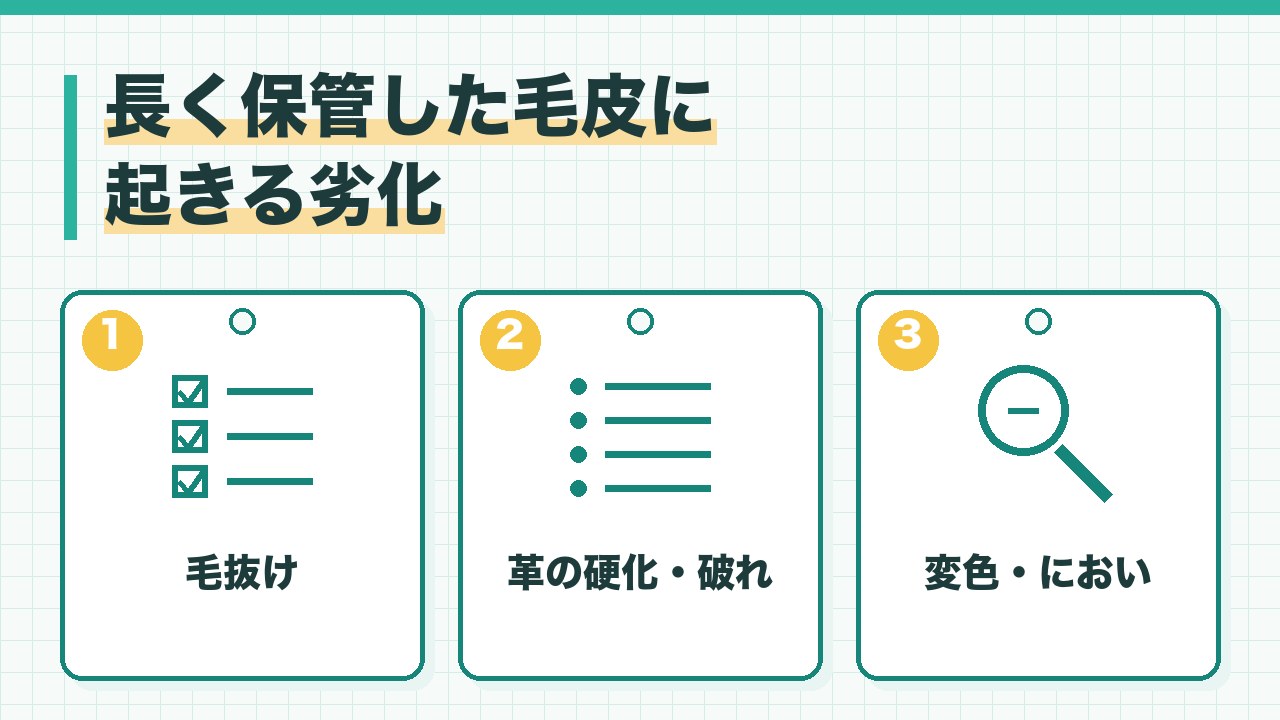長く保管した毛皮に起きる劣化を、毛抜け・革の硬化や破れ・変色やにおいの3つに分けて図解したインフォグラフィックです。