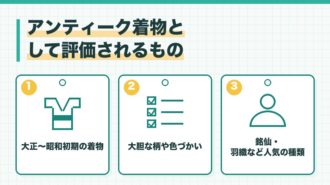 アンティーク着物として評価されるものを、大正から昭和初期の着物・大胆な柄や色づかい・銘仙や羽織などの人気の種類の3つに分けて図解したインフォグラフィックです。