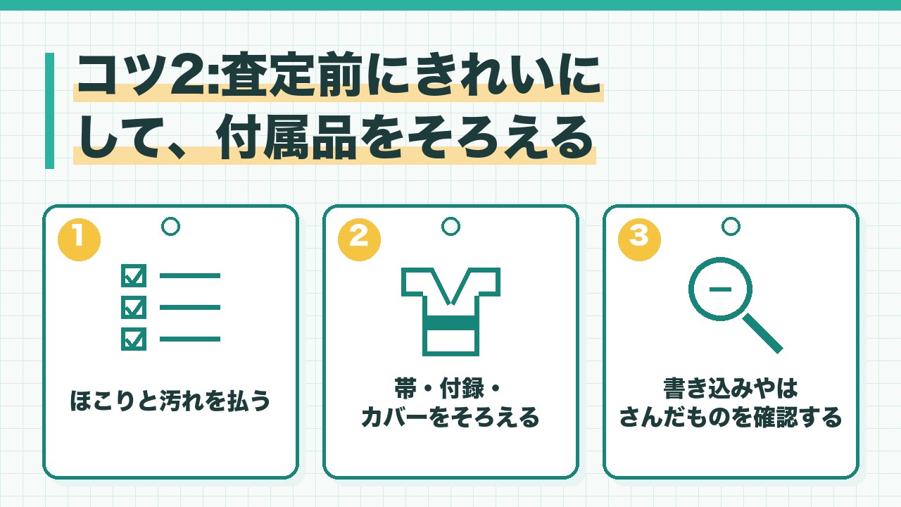 本の査定前の準備を、ほこりと汚れを払う・帯や付録やカバーをそろえる・書き込みやはさんだものを確認するの3つに分けて図解したインフォグラフィックです。