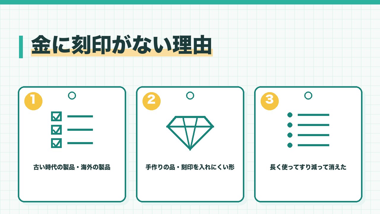 金に刻印がない理由を、古い時代や海外の製品・手作りや刻印を入れにくい形・すり減って消えたの3つに分けて図解したインフォグラフィックです。