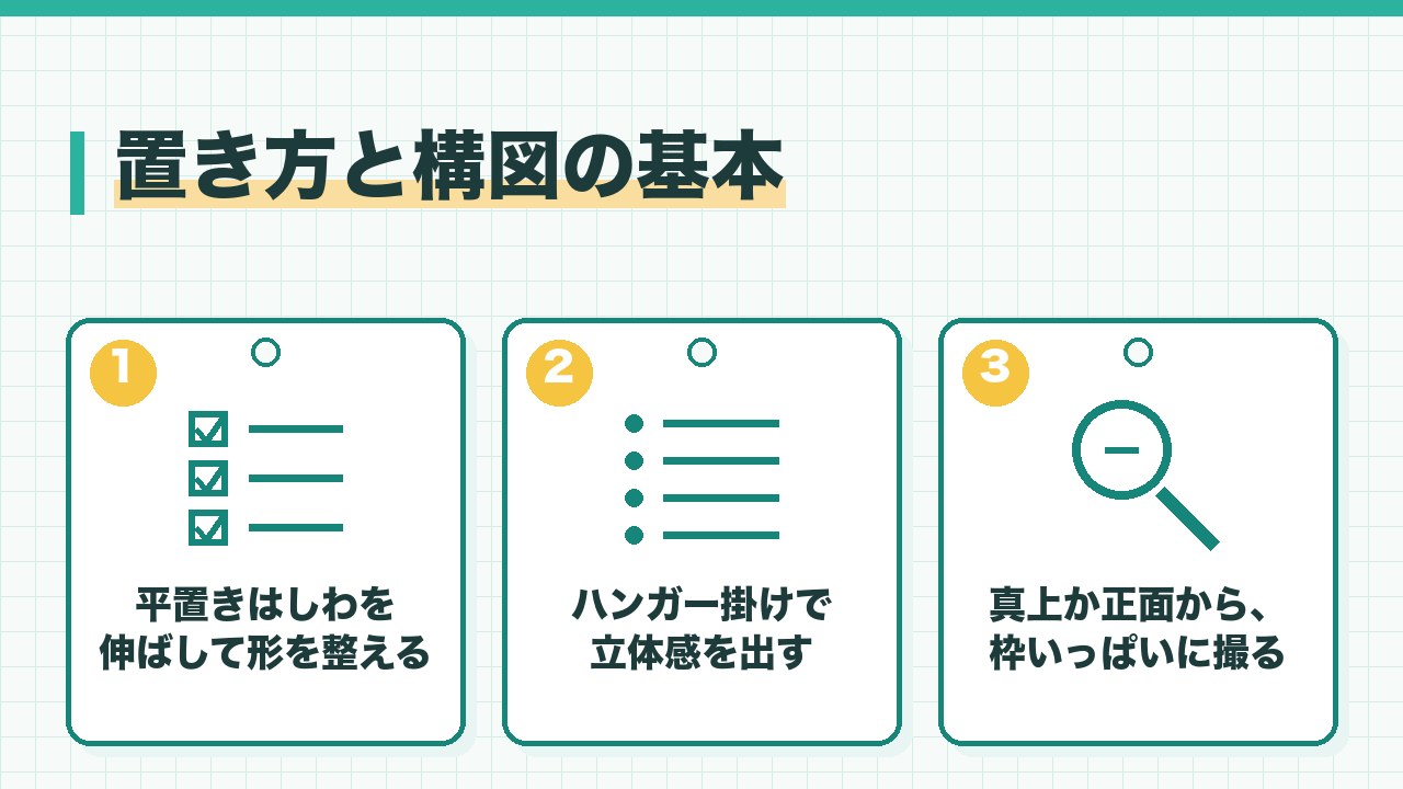 メルカリの服の写真の置き方と構図を、平置きでしわを伸ばす・ハンガー掛けで形を見せる・真上か正面から枠いっぱいに撮るの3つに分けて図解したインフォグラフィックです。