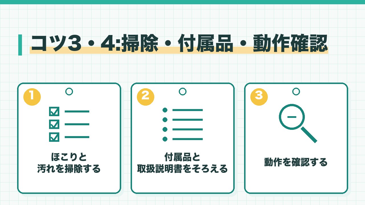 リサイクルショップの査定前の準備を、ほこりと汚れを掃除する・付属品と取扱説明書をそろえる・動作を確認するの3つに分けて図解したインフォグラフィックです。