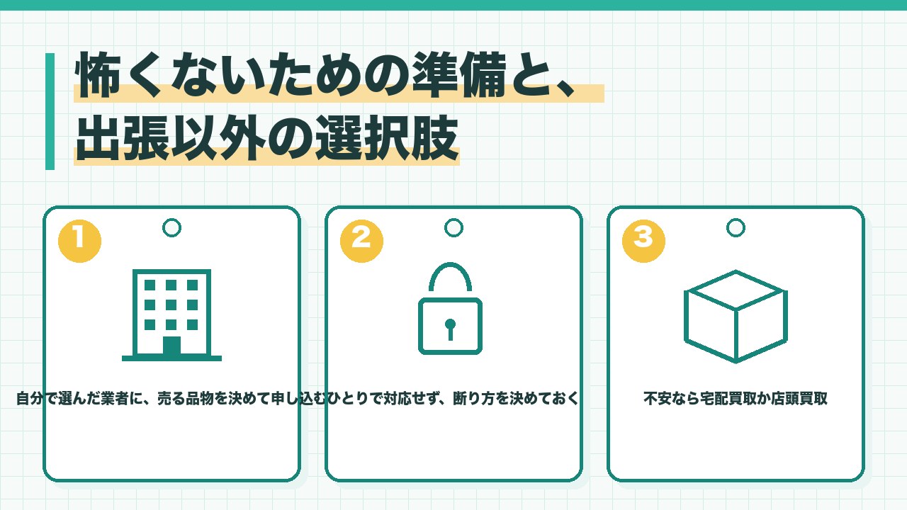 出張買取を怖くないものにする準備と出張以外の選択肢を、自分で選んだ業者に申し込み売る品物を決めておく・ひとりで対応せず断り方を決めておく・不安なら宅配買取か店頭買取の3つに分けて図解したインフォグラフィックです。