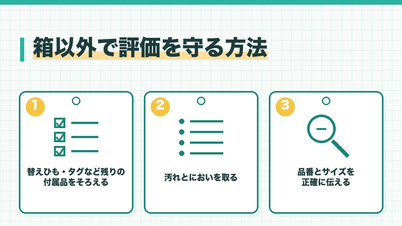 箱なしのスニーカーの評価を守る方法を、替えひもやタグなど残りの付属品をそろえる・汚れとにおいを取る・品番とサイズを伝えるの3つに分けて図解したインフォグラフィックです。