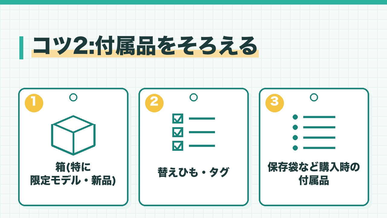 スニーカーの付属品のそろえ方を、箱・替えひもとタグ・購入時の付属品の3つに分けて図解したインフォグラフィックです。