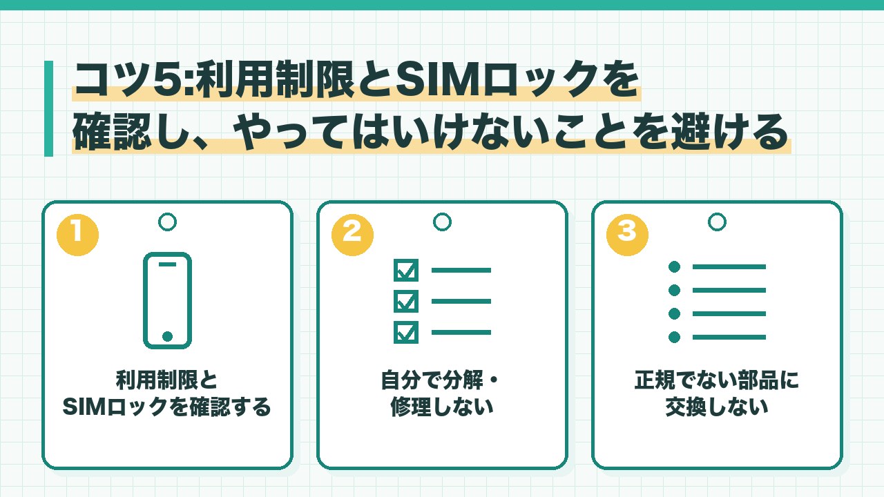 スマホの利用制限とSIMロックの確認とやってはいけないことを、利用制限とSIMロックを確認する・自分で分解して修理しない・正規でない部品に交換しないの3つに分けて図解したインフォグラフィックです。