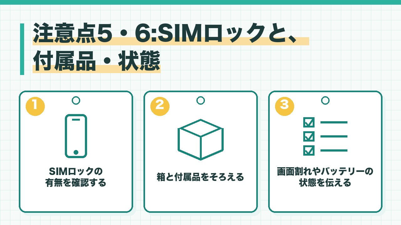 スマホのSIMロックと付属品と状態の注意点を、SIMロックの有無を確認する・箱と付属品をそろえる・画面割れやバッテリーの状態を伝えるの3つに分けて図解したインフォグラフィックです。