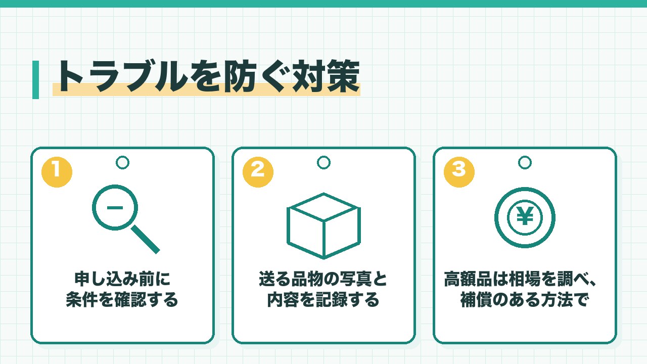 宅配買取のトラブルを防ぐ対策を、申し込み前に条件を確認する・送る品物の写真と内容を記録する・高額品は相場を調べて補償のある方法で送るの3つに分けて図解したインフォグラフィックです。
