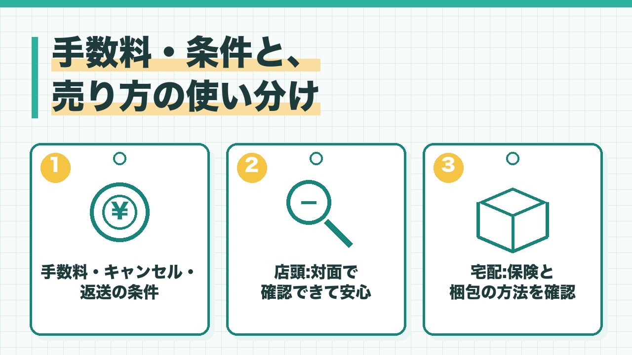 時計買取の手数料と条件と売り方を、手数料とキャンセルと返送の条件・店頭は対面で安心・宅配は保険と梱包を確認の3つに分けて図解したインフォグラフィックです。
