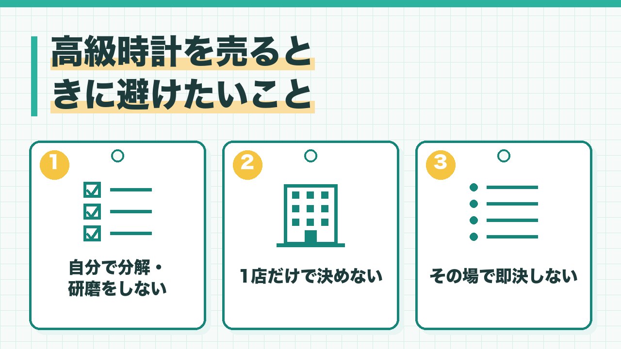 高級時計を売るときに避けたいことを、自分で分解や研磨をしない・1店だけで決めない・その場で売るよう迫られても即決しないの3つに分けて図解したインフォグラフィックです。